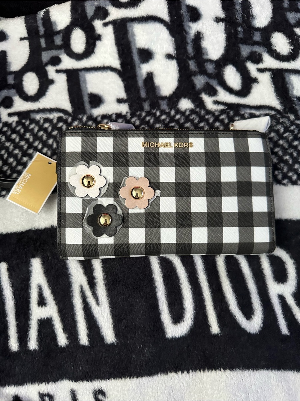 Michael Kors Black and White Gingham Floral Zip Wallet